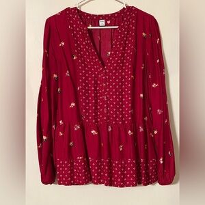 Old Navy Medium Cranberry Red Smocked Floral Blouse